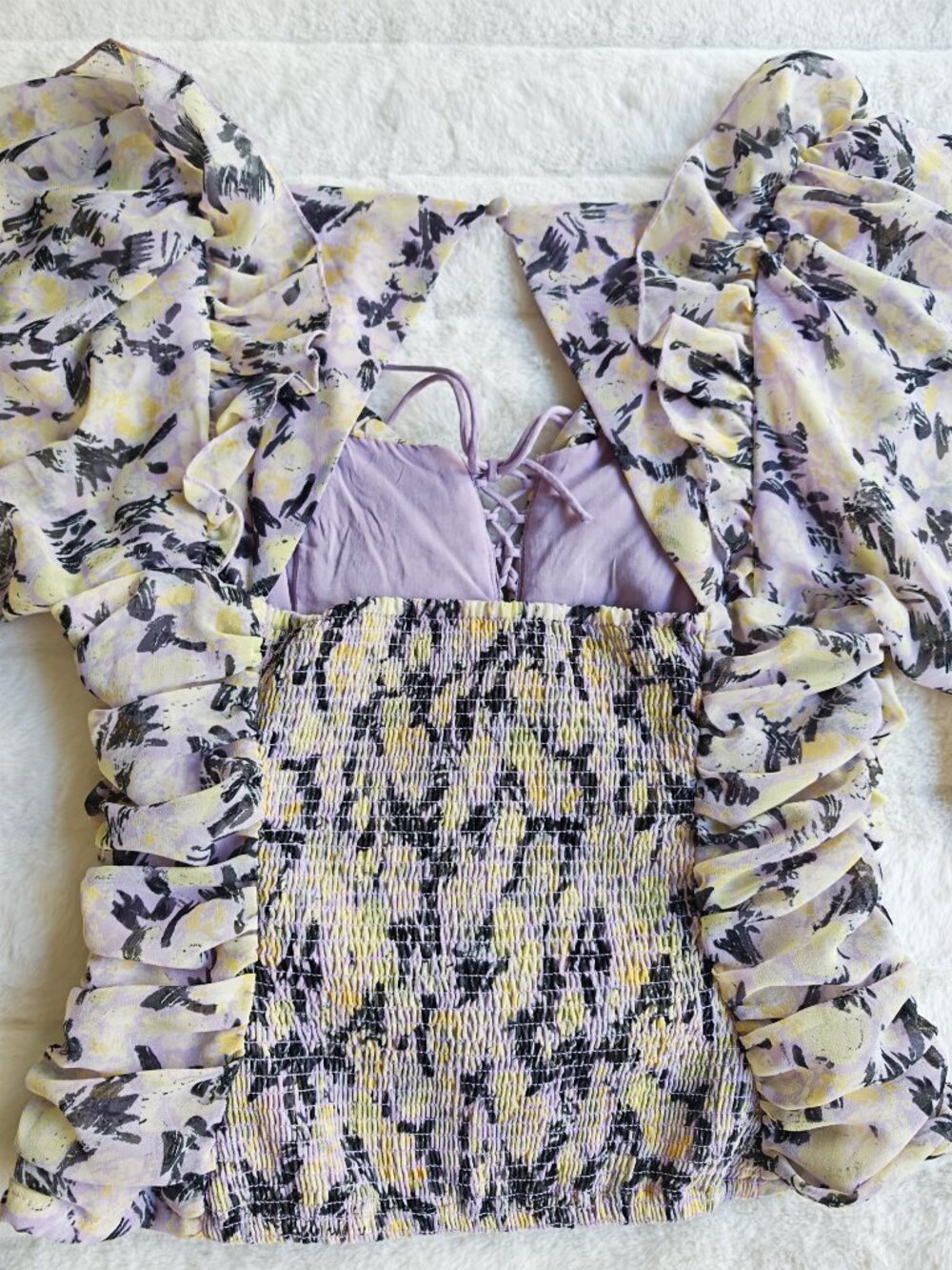 Free People Floral Ruched Blouse Top Puff Sleeve Tie Front Cottagecore Boho Roma - Picture 12 of 13